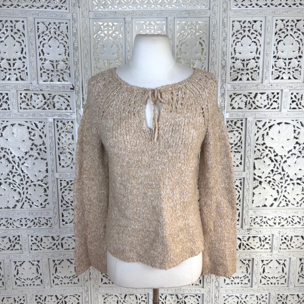 Vtg Y2K Tan Express Wool Blend Chunky Sweater Womens M/L Keyhole Flare Sleeve